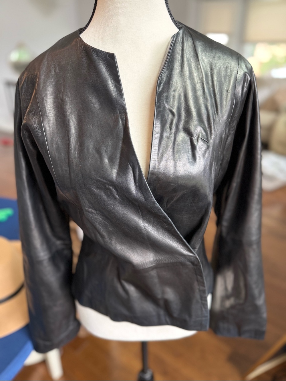 MaxMara Black Genuine Leather Wrap-Style Jacket Made in Italy Size 4